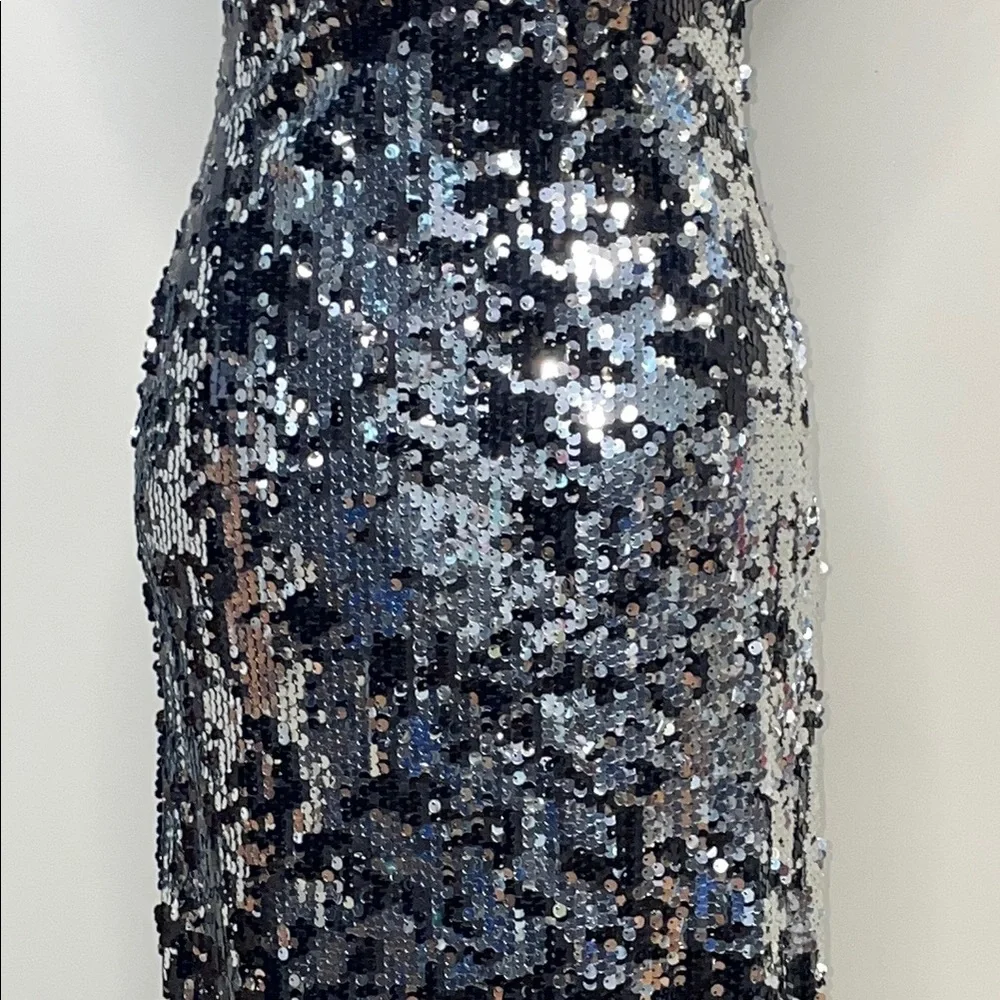 Rachel Zoe Black & Silver Sequin Sleeveless Plunge Neckline Women’s Dress - Picture 10 of 12